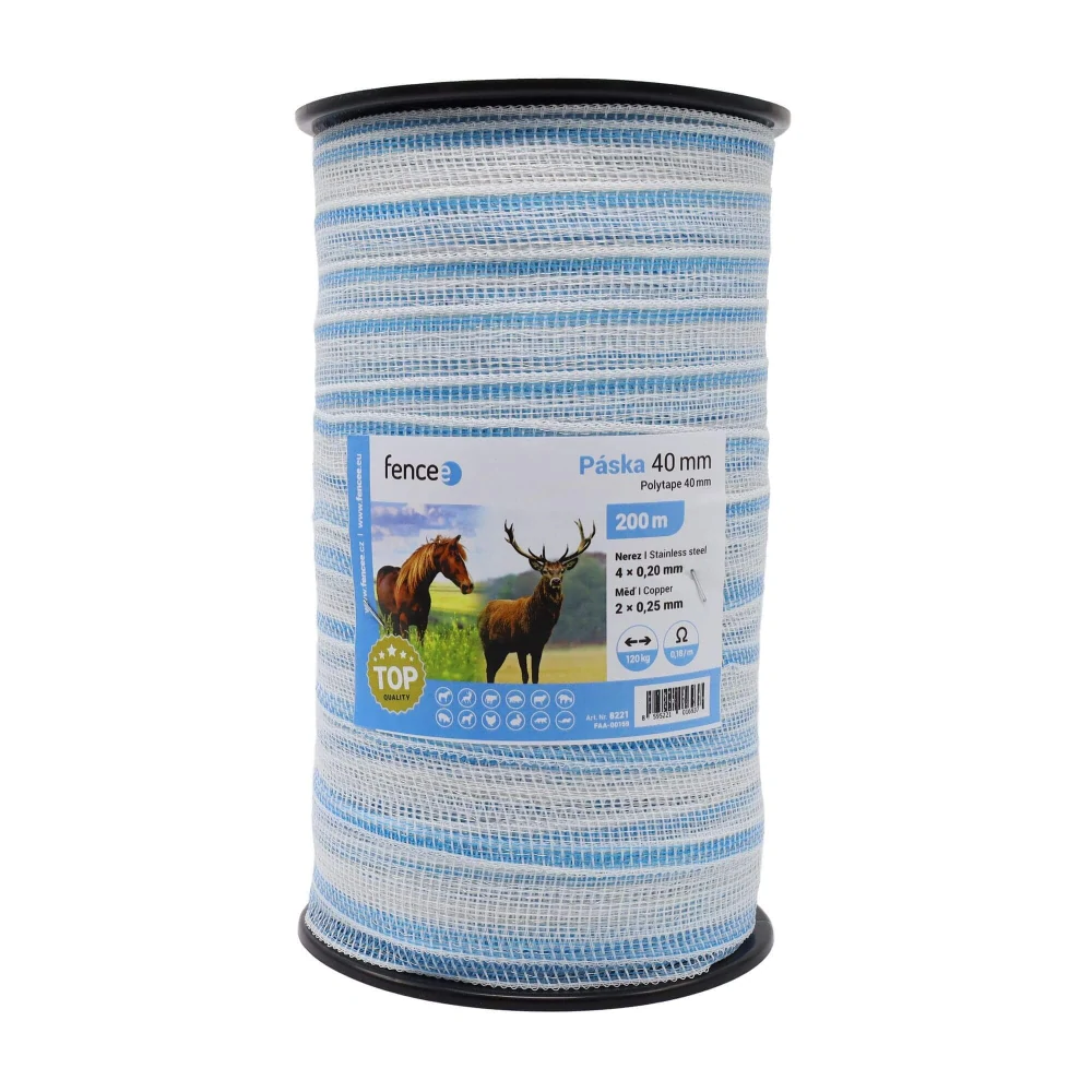 Páska pro elektrický ohradník, šířka 40 mm, bílo-modrá, délka 200 m, odpor 0,18 Ω/m