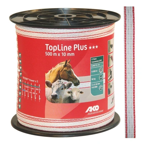 Polyetylenová páska pro elektrické ohradníky TopLine Plus 10 mm, bílá s červenou, 500 m, odpor 4,6 o/m