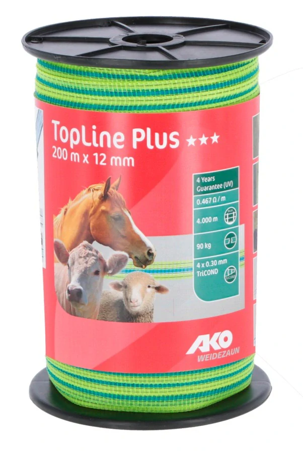 Polyetylenová páska pro elektrické ohradníky TopLine Plus 12 mm, neon. žlutozelená-modrá 200 m