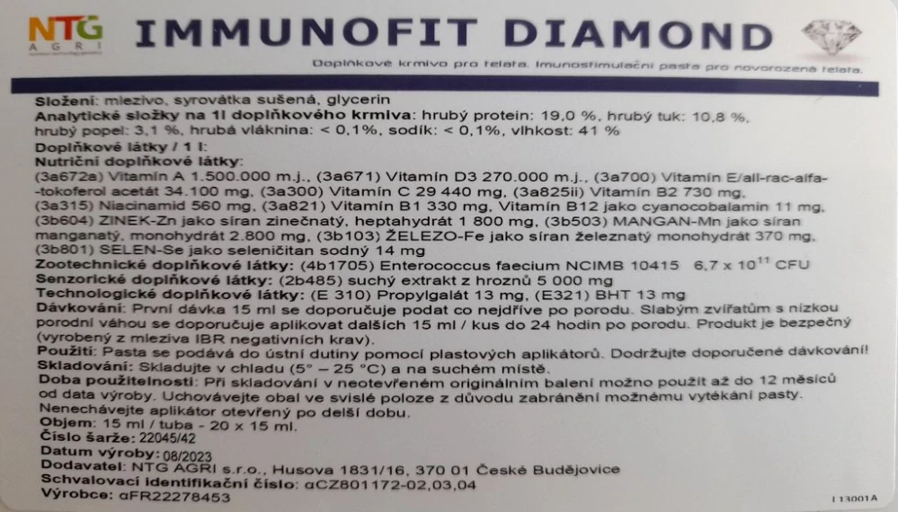 Imunostimulační pasta pro novorozená telata Immunofit Diamond, 15 ml