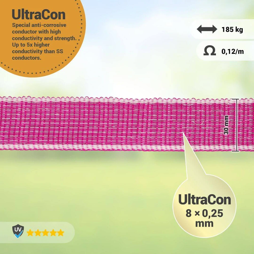 Páska pro elektrický ohradník, šířka 30 mm, růžovo-bílá, délka 200 m, odpor 0,12