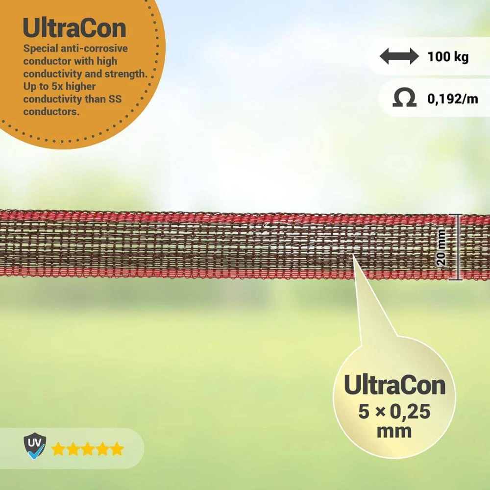 Páska pro elektrický ohradník, šířka 20 mm, hnědo-červená, délka 200 m, odpor 0,19/m