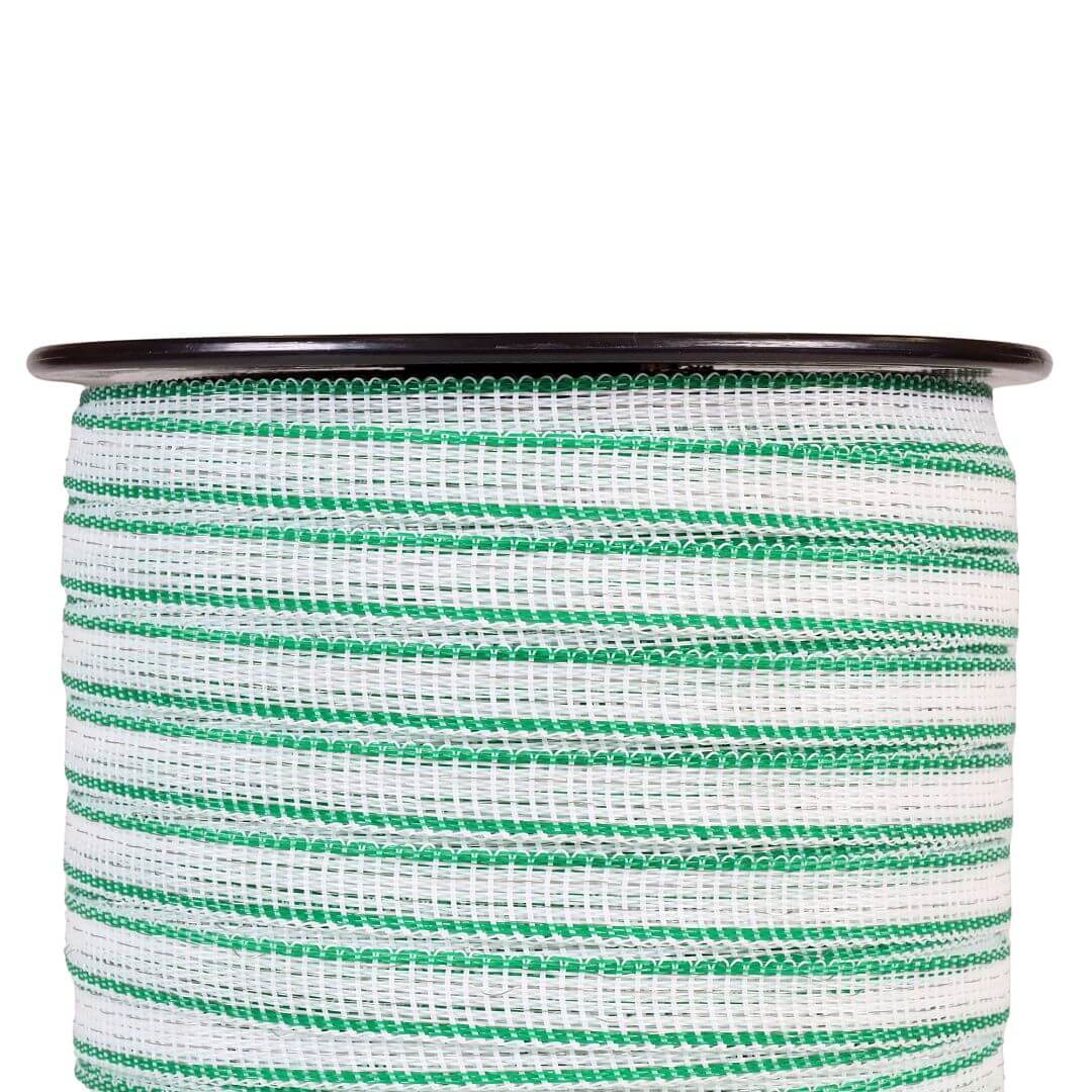 Páska pro elektrický ohradník 12,5 mm, bílo-zelená, 200 m, 0,5 Ω/m