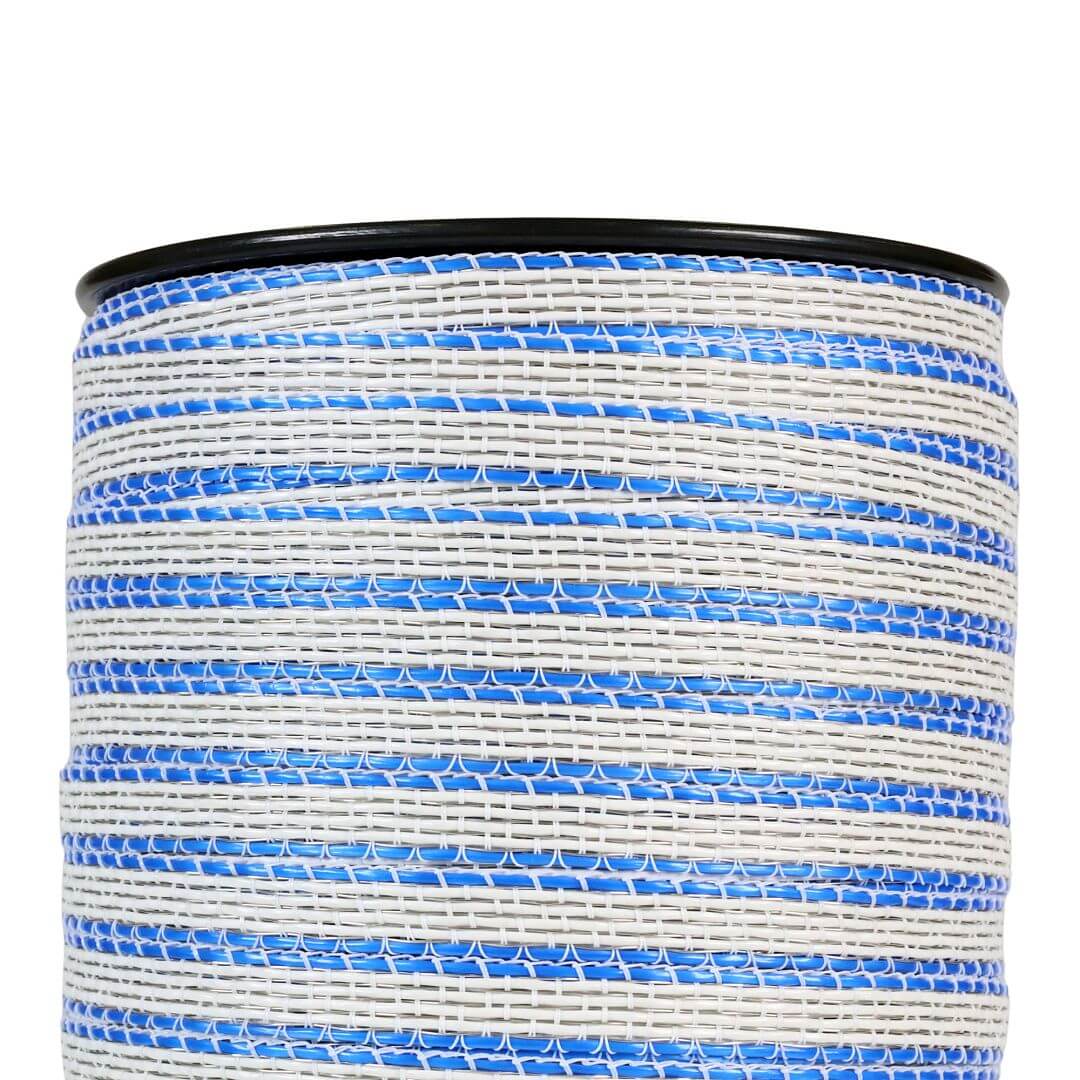 Páska PVC pro elektrický ohradník, šířka 12 mm, bílo-modrá, 200 m, 0,017 Ω/m