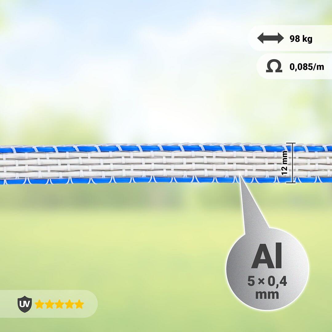 Páska PVC pro elektrický ohradník, šířka 12 mm, bílo-modrá, 200 m, 0,017 Ω/m