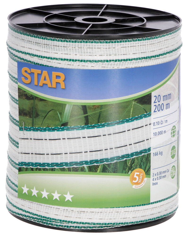 Ohradníková páska 20mm 200m STAR bílá/zelená, odpor 0,10 Ω/m