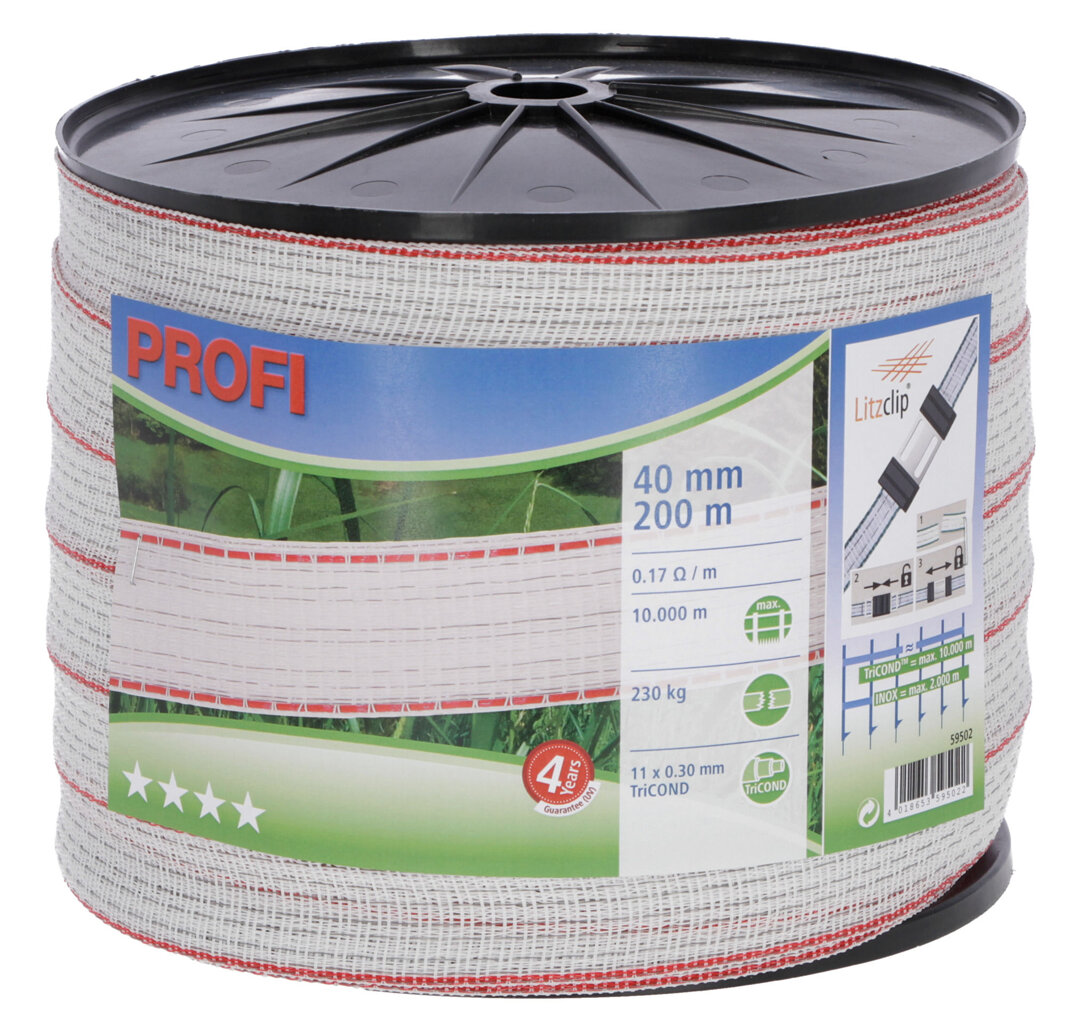 Ohradníková páska PROFI 40mm 200m bílá/červená, odpor 0,17 Ω/m